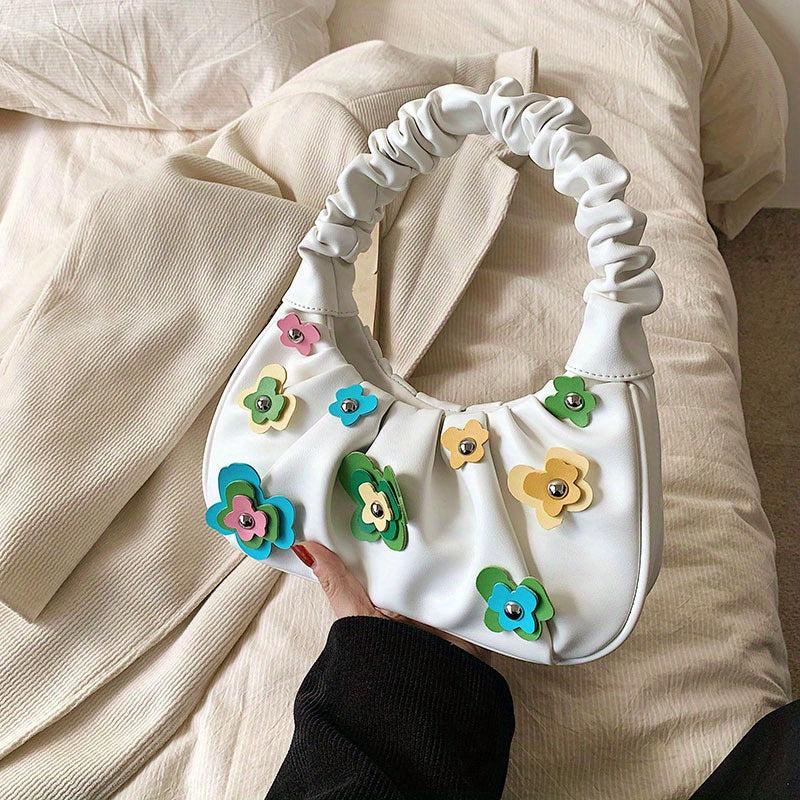 Flower Decor Ruched Shoulder Bag Zipper Portable Armpit Bag