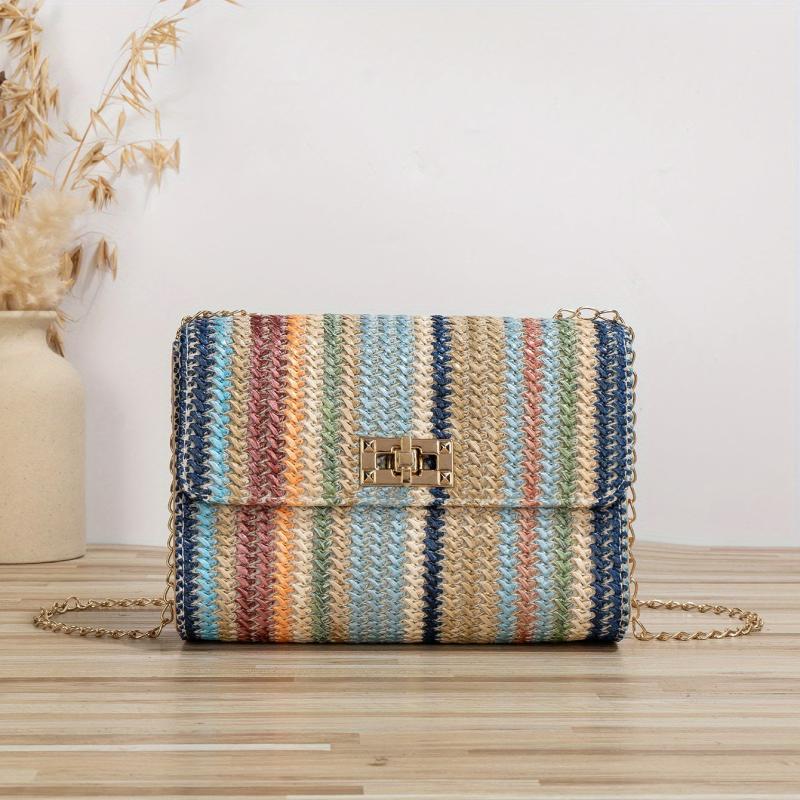 Rainbow Striped Straw Crossbody Bag Boho Style Shoulder Purse