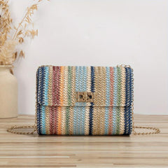 Rainbow Striped Straw Crossbody Bag Boho Style Shoulder Purse
