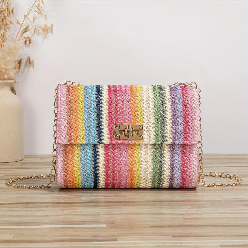 Rainbow Striped Straw Crossbody Bag Boho Style Shoulder Purse
