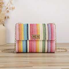Rainbow Striped Straw Crossbody Bag Boho Style Shoulder Purse