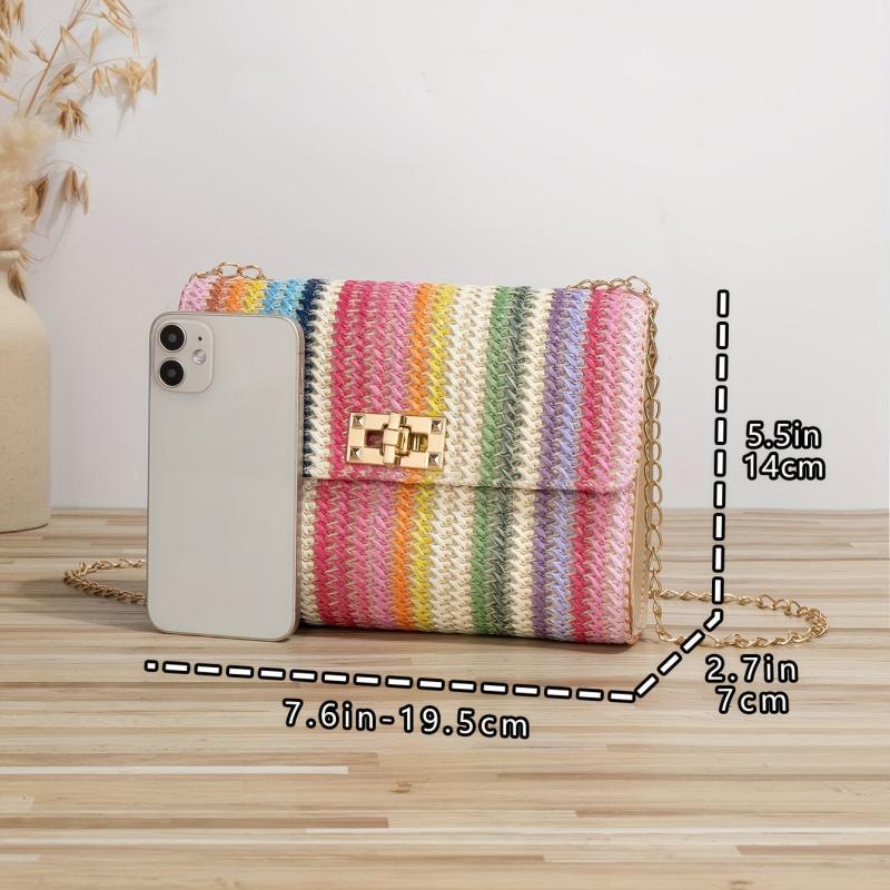 Rainbow Striped Straw Crossbody Bag Boho Style Shoulder Purse