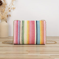 Rainbow Striped Straw Crossbody Bag Boho Style Shoulder Purse