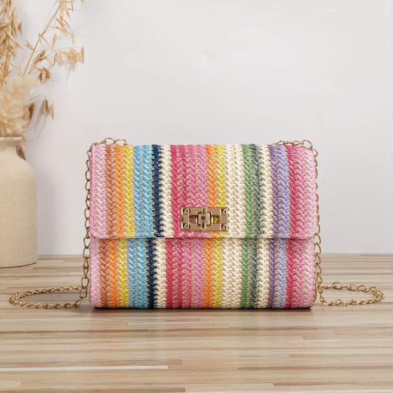 Rainbow Striped Straw Crossbody Bag Boho Style Shoulder Purse