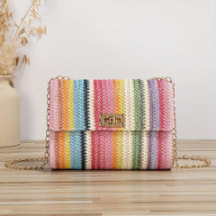 Rainbow Striped Straw Crossbody Bag Boho Style Shoulder Purse