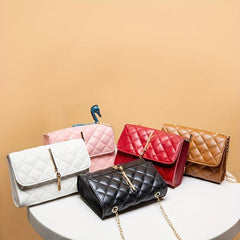Argyle Quilted Crossbody Bag Chain Shoulder Bag Tassel Decor Square Purse