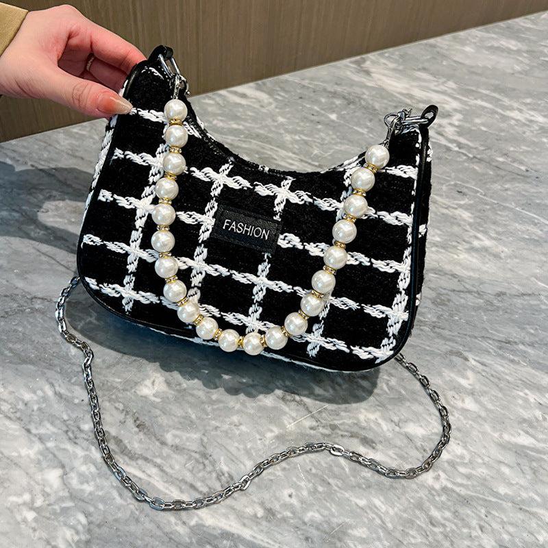 Plaid Pattern Felt Hobo Bag Retro Shoulder Purse & Handbag