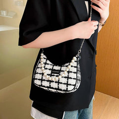 Plaid Pattern Felt Hobo Bag Retro Shoulder Purse & Handbag