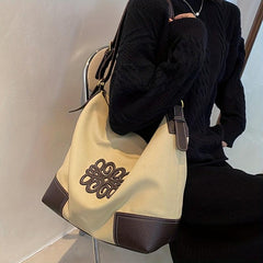 Large Capacity Patchwork Canvas Shoulder Bag Retro Style Tote Bag