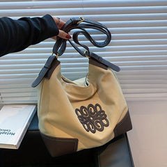 Large Capacity Patchwork Canvas Shoulder Bag Retro Style Tote Bag