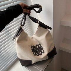 Large Capacity Patchwork Canvas Shoulder Bag Retro Style Tote Bag