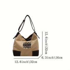 Large Capacity Patchwork Canvas Shoulder Bag Retro Style Tote Bag