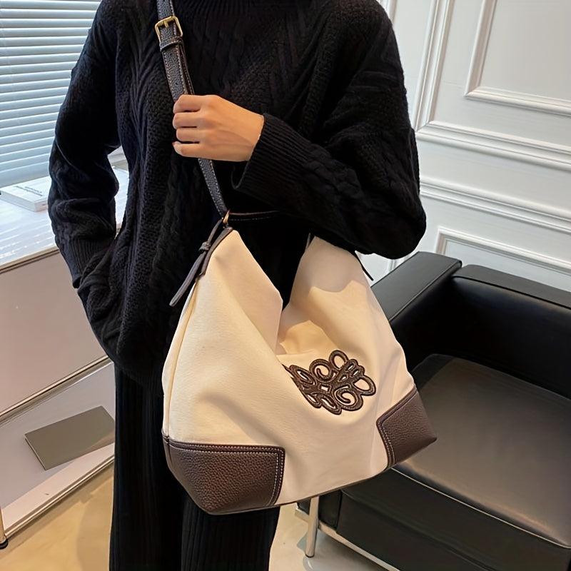 Large Capacity Patchwork Canvas Shoulder Bag Retro Style Tote Bag