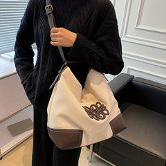 Large Capacity Patchwork Canvas Shoulder Bag Retro Style Tote Bag