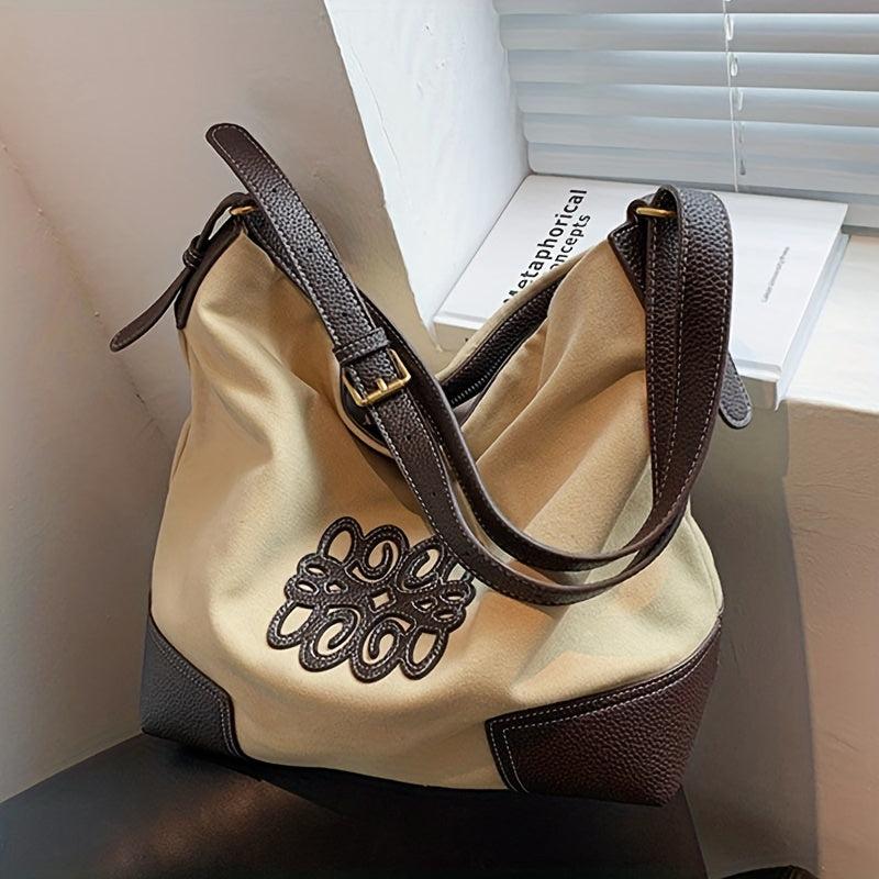 Large Capacity Patchwork Canvas Shoulder Bag Retro Style Tote Bag