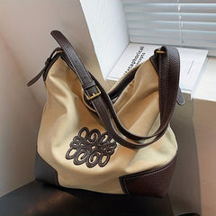 Large Capacity Patchwork Canvas Shoulder Bag Retro Style Tote Bag