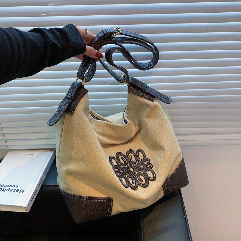 Large Capacity Patchwork Canvas Shoulder Bag Retro Style Tote Bag