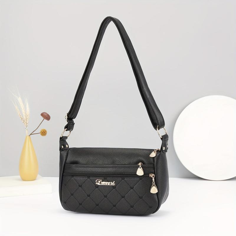 Argyle Quilted Shoulder Bag Solid Handbag Women's Zipper Crossbody Bag