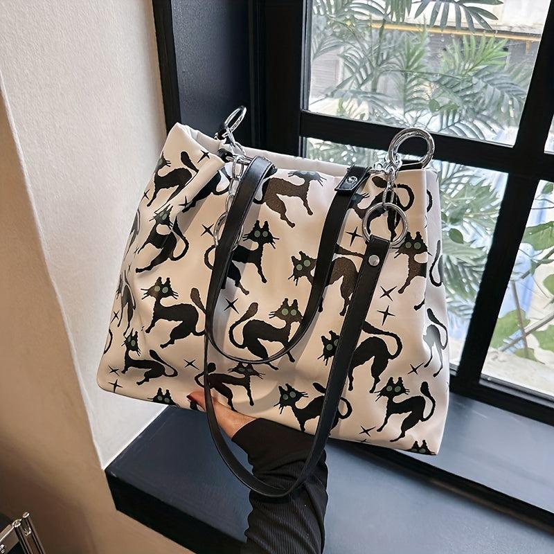Cat Pattern Tote Bag Nylon Shoulder Bag Casual Commuter Bag