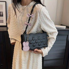 Bunny Pattern Square Shoulder Bag with Bowknot Decor Strap