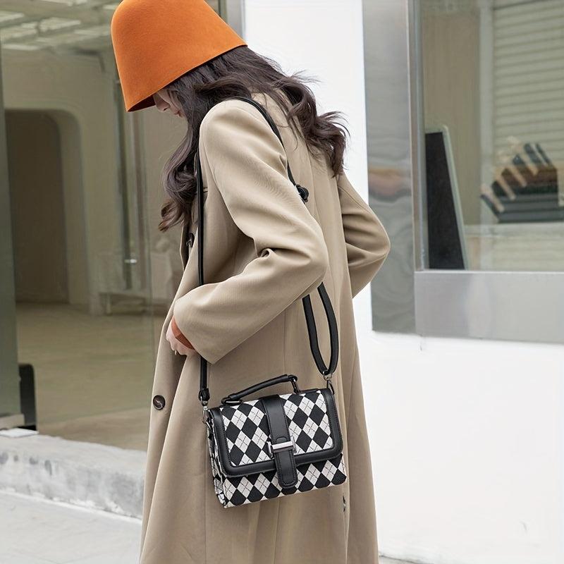 Colorblock Crossbody Bag Houndstooth Pattern Tweed Shoulder Purse