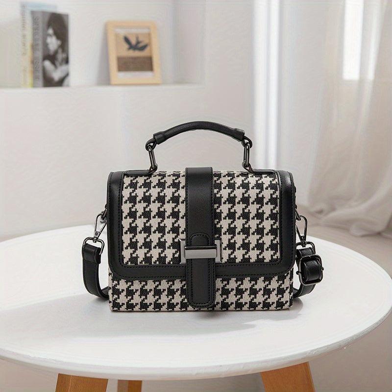 Colorblock Crossbody Bag Houndstooth Pattern Tweed Shoulder Purse