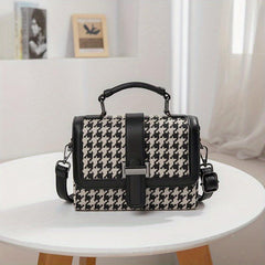 Colorblock Crossbody Bag Houndstooth Pattern Tweed Shoulder Purse