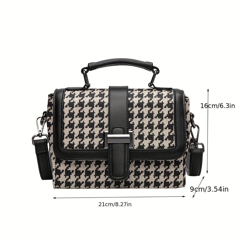 Colorblock Crossbody Bag Houndstooth Pattern Tweed Shoulder Purse