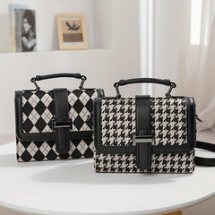 Colorblock Crossbody Bag Houndstooth Pattern Tweed Shoulder Purse