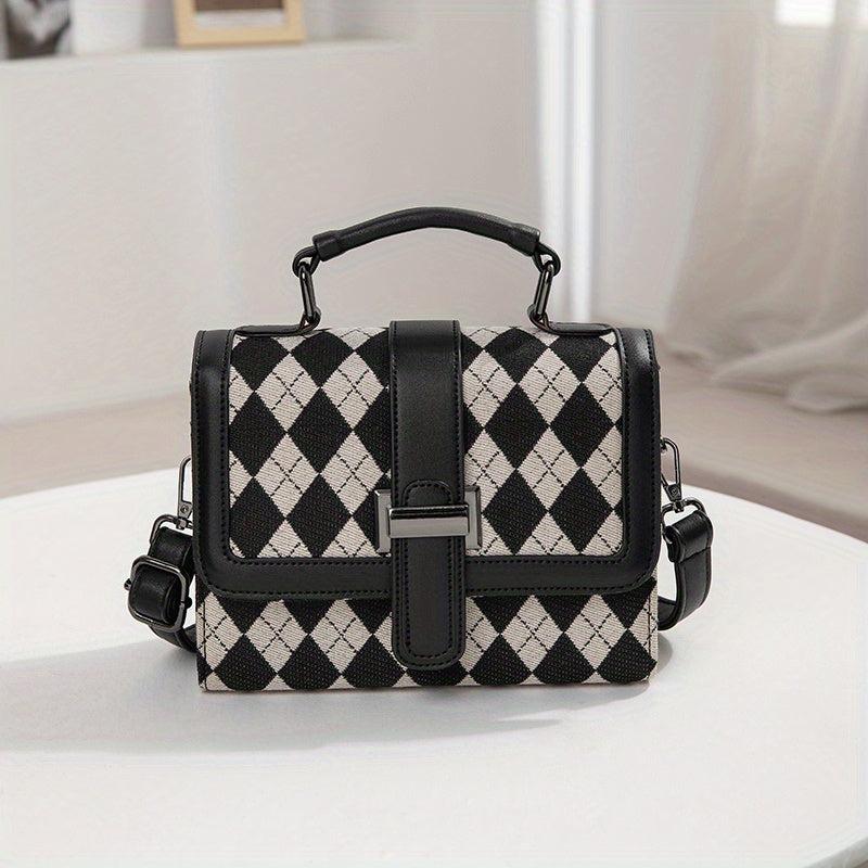 Colorblock Crossbody Bag Houndstooth Pattern Tweed Shoulder Purse