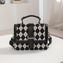 Colorblock Crossbody Bag Houndstooth Pattern Tweed Shoulder Purse