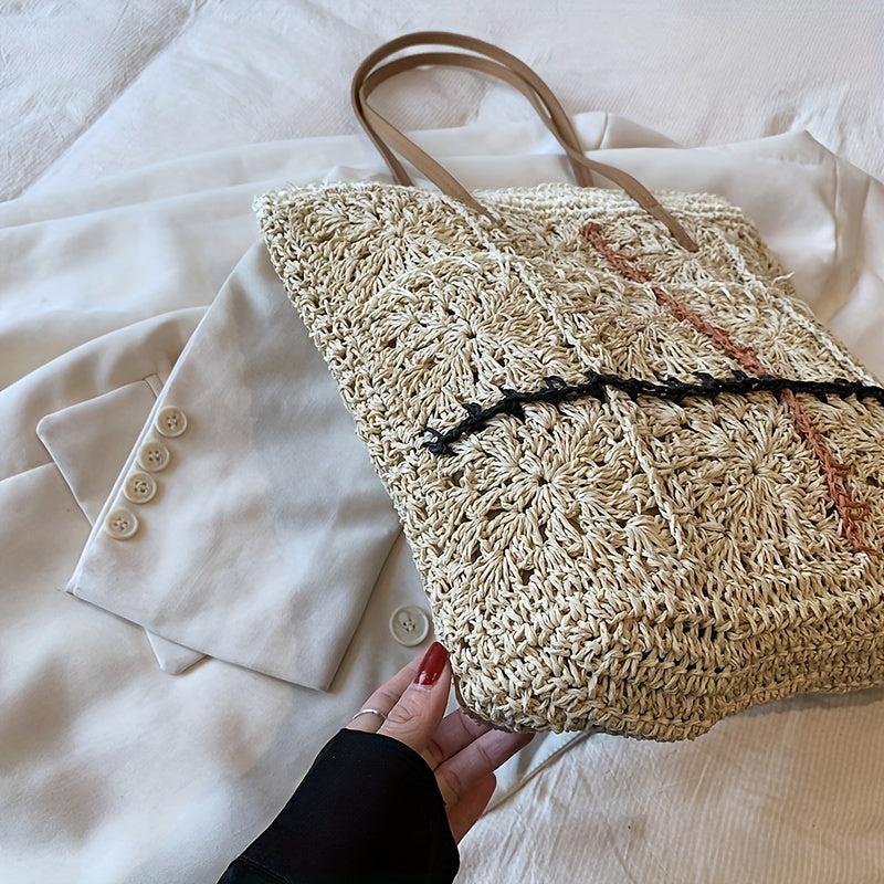 Boho Style Straw Tote Bag with Tassel, Beach Vacation Bag