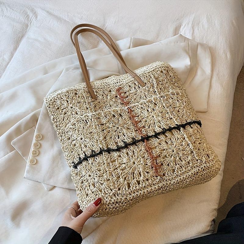 Boho Style Straw Tote Bag with Tassel, Beach Vacation Bag