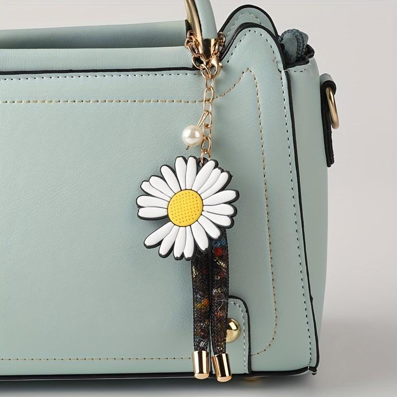 Vegan Leather Crossbody Bag Satchel Purse with Daisy Flower Pendant