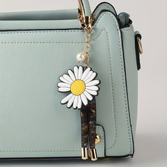 Vegan Leather Crossbody Bag Satchel Purse with Daisy Flower Pendant