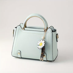 Vegan Leather Crossbody Bag Satchel Purse with Daisy Flower Pendant
