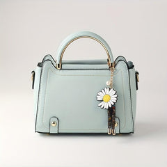 Vegan Leather Crossbody Bag Satchel Purse with Daisy Flower Pendant
