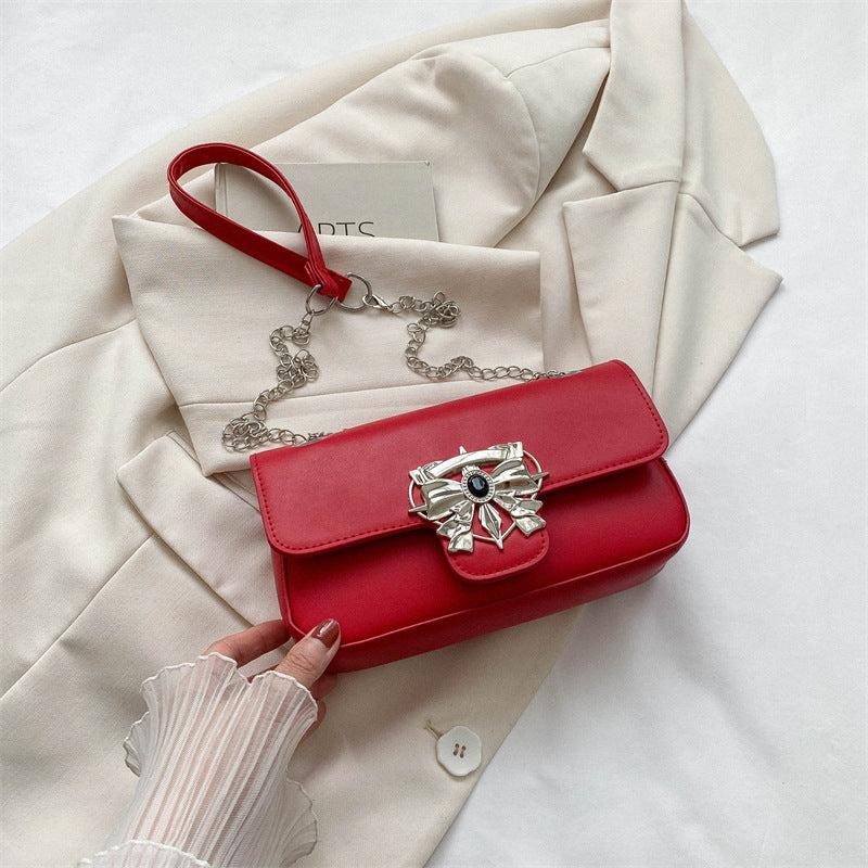 Metal Rhinestone Bowknot Shoulder Chain Bag Women's Square Bag