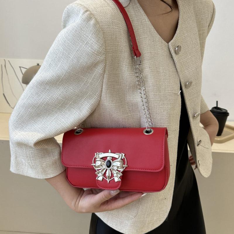 Metal Rhinestone Bowknot Shoulder Chain Bag Women's Square Bag
