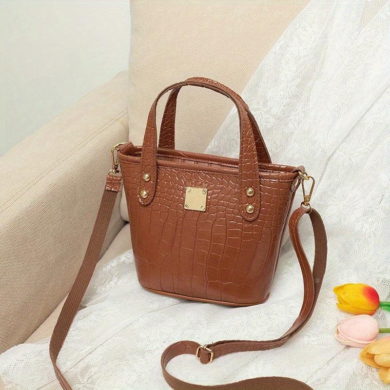 Crocodile Pattern Bucket Shoulder Bag Solid Satchel Bag