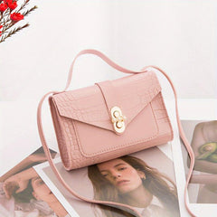 Crocodile Embossed Mini Shoulder Bag Turn Lock Flap PU Leather Crossbody Bag