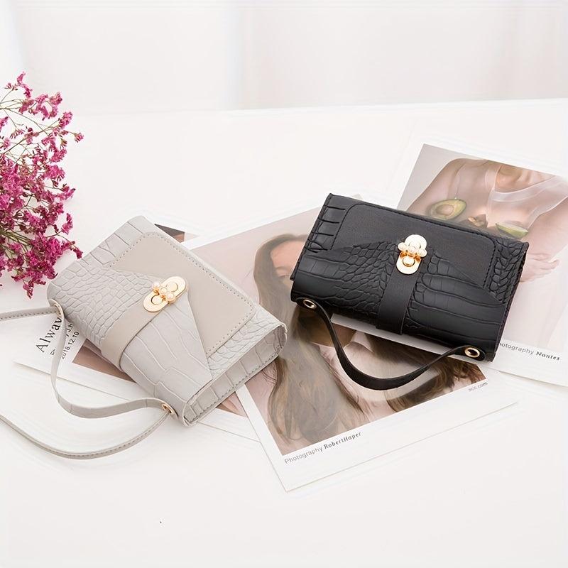 Crocodile Embossed Mini Shoulder Bag Turn Lock Flap PU Leather Crossbody Bag