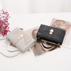 Crocodile Embossed Mini Shoulder Bag Turn Lock Flap PU Leather Crossbody Bag