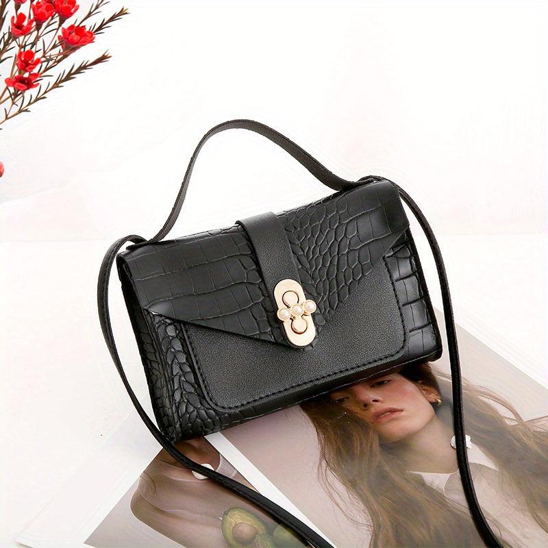 Crocodile Embossed Mini Shoulder Bag Turn Lock Flap PU Leather Crossbody Bag