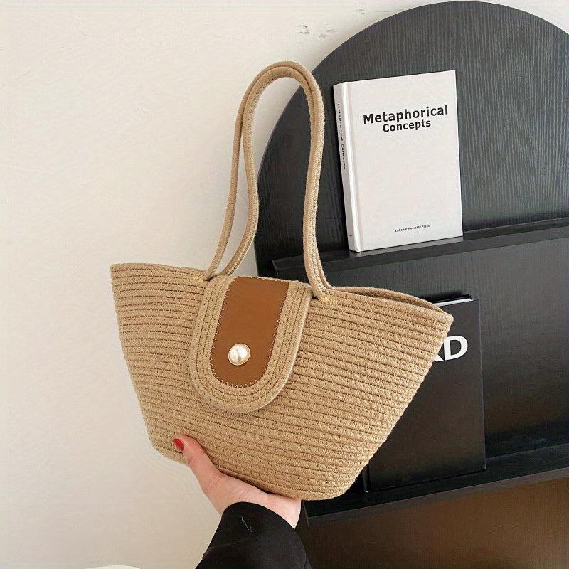 Straw Woven Tote Bag Large Capacity Rattan Bag Women's Summer Beach Shoulder Bag
