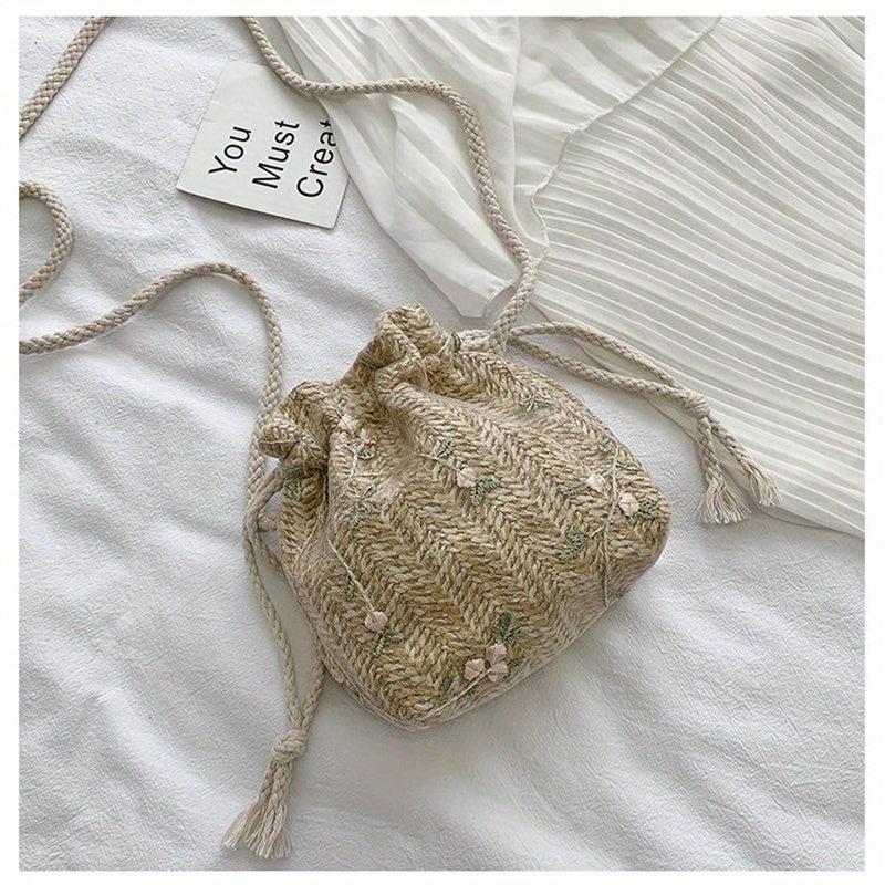 Flower Lace Straw Beach Bag Drawstring Bucket Bag Women's Woven Crossbody Bag