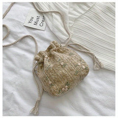Flower Lace Straw Beach Bag Drawstring Bucket Bag Women's Woven Crossbody Bag