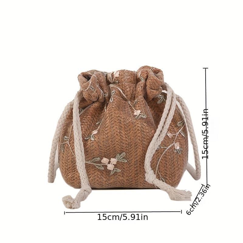 Flower Lace Straw Beach Bag Drawstring Bucket Bag Women's Woven Crossbody Bag