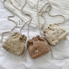 Flower Lace Straw Beach Bag Drawstring Bucket Bag Women's Woven Crossbody Bag