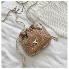 Flower Lace Straw Beach Bag Drawstring Bucket Bag Women's Woven Crossbody Bag